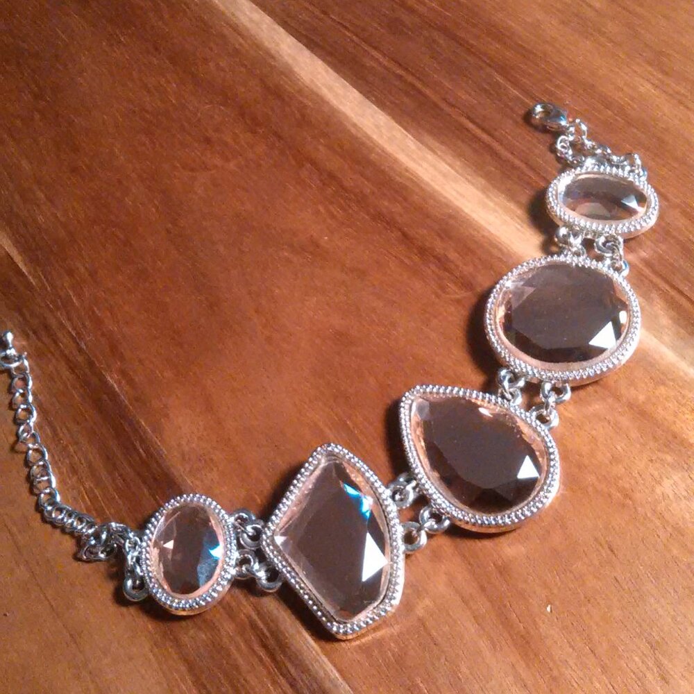 Pink Beveled Glass Silvertone Bracelet